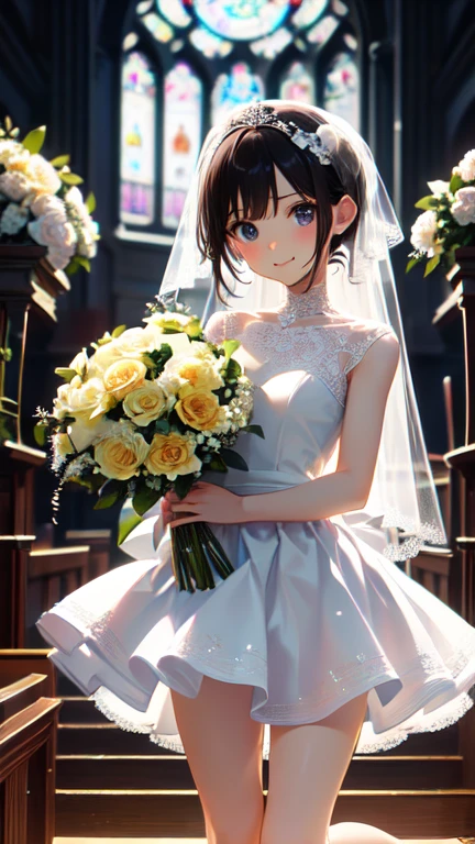 masterpiece, highest quality, One Girl, Thighs, beautiful girl, Flowers, たくさんの小さなflowerびら, flower、Tight waist, RAWphotograph,Bright lighting、Dynamic Lighting,  Ultra-realistic, High resolution, photograph, Sharp focus, Highly detailed eyes and face,Symmetrical face, whole body、Long Hair、((((flower嫁衣装、White Lace Micro Mini Skirt)))、((Church wedding)))、((((Jump and toss the bouquet))))