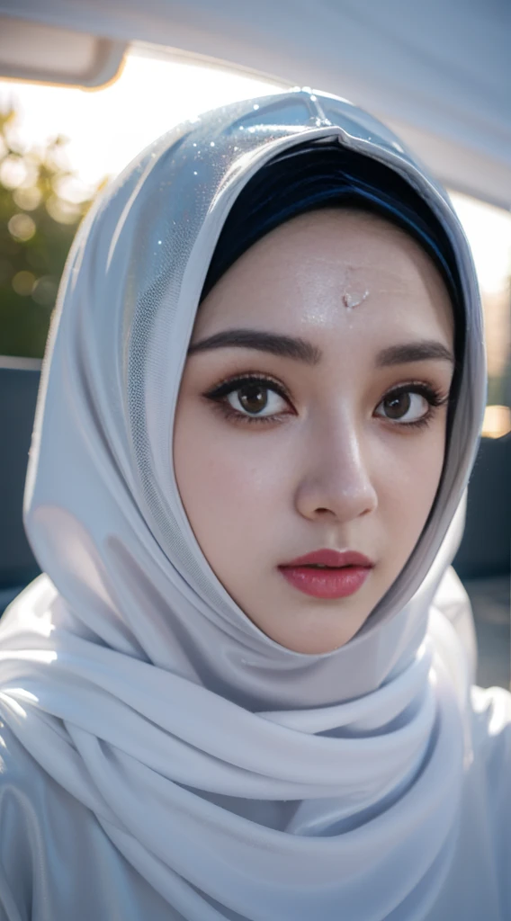 moslem woman in hijab, mouth mask cover, gothic eyes mascara, glowing shiny face, air bubbles, amongst cloud photography, close up, photorealistic, hyperrealism, professional photography, DSLR, HDR, holographic emerging from 2D to 3D