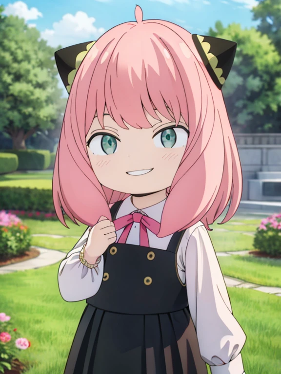 masterpiece, highest quality, Very detailed, 16k, Ultra-high resolution, Cowboy Shot, Detailed face, Perfect Fingers, Garden of the mansion, Black maid outfit, AnyaForgerSF, 1female_child, pink hair, cone hair bun, evil grin