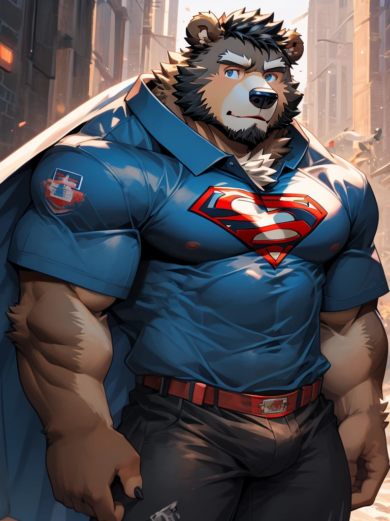 (Super detailed), Sharp focus,hairy, Black and white fur), black beard, Black Hair,human nature (棕Bear:1.3), male, Middle-aged and elderly, Brown body, White belly, Muscular ,(Crotch bulge),Super detailed的脸,(dishevelled:1.4),(best quality), (masterpiece), High Detail, high quality,High resolution,16K,(Bear:1.3),(Superman costume)
