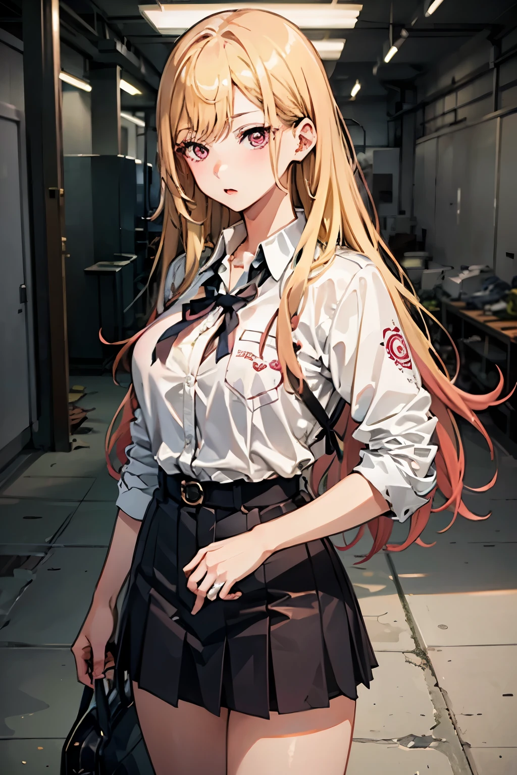 kitagawa marin, 1girl in, blonde hair, length hair, pink eyes, a girl, cool, wearing school uniform, ((big breasts)), tattoos, in an abandoned factory, covered in blood, look at me, (night), dark, mafia.
