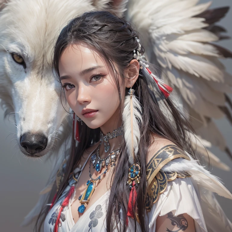 Shirakami-Sanchi、Hair flow、 ((highest quality、masterpiece、8k、Best image quality、Ultra-high resolution、Award-winning works)、(Accurate anatomy:1.1)、(Look at me and smile:1.1)、Shining fair skin with Ultra-high resolution、The most detailed face、Ultra-high resolution detailed face、Ultra-high resolutionの髪の毛、(Ultra-high resolutionの煌めく瞳:1.1)、Beautiful face drawn in every detail、(Blurred Background:1.1)、Native American white costume, American Indian Clothing, Chest to chest, tattoo、A real giant condor next to you。Observe the white wolf