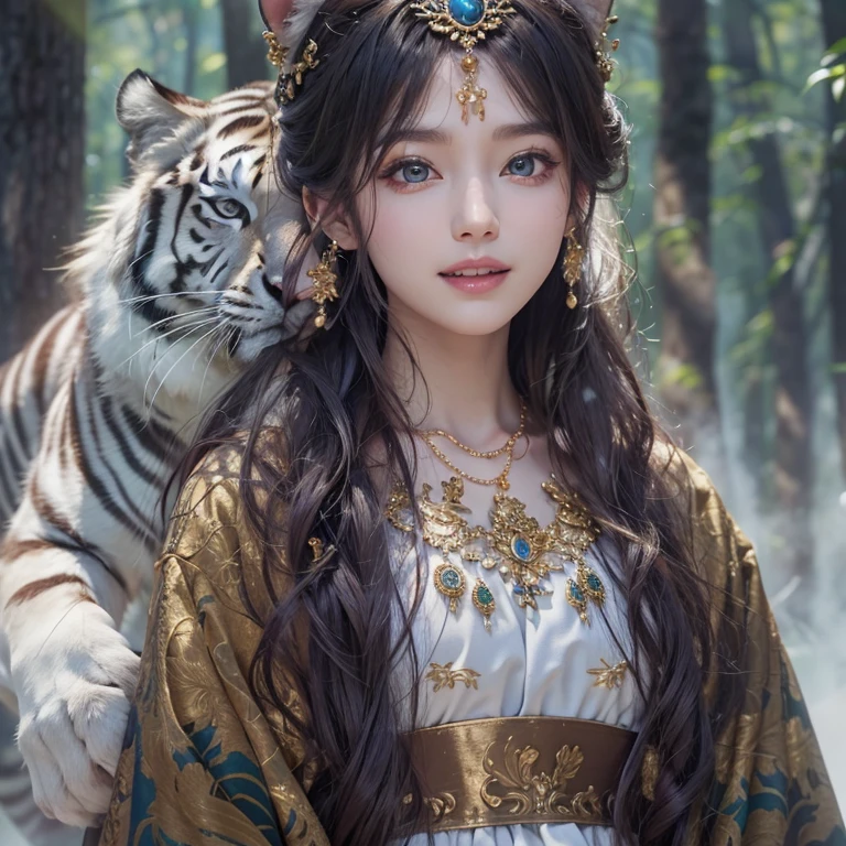 Standing in the forest、Hair flow、 ((highest quality、masterpiece、8k、Best image quality、Ultra-high resolution、Award-winning works)、(Accurate anatomy:1.1)、(Look at me and smile:1.1)、Shining fair skin with Ultra-high resolution、The most detailed face、Ultra-high resolution detailed face、Ultra-high resolutionの金髪の毛、(Ultra-high resolution eye:1.1)、Beautiful face drawn in every detail、Traditional Russian costume , Chest to chest, Strange atmosphere, A real white tiger standing next to him, Dark Light, in the forest , Heavy makeup
