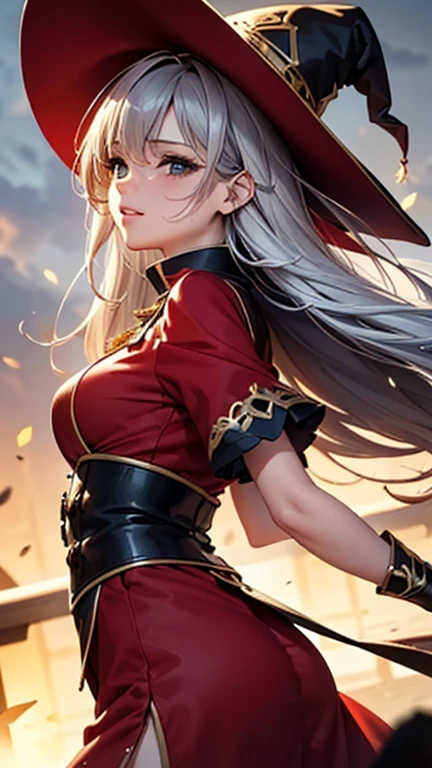 A girl is posing for a photo,pretty girl,Enchanting girl,Anime Girls,
(((One Girl,16 years ooutfit:1.3、Red clothes、Red Witch Hat),
BREAK 

(Beautiful Hair,Shiny Hair),(Gray Hair、Hair blowing in the wind、Shortcuts、I can see the ears、Cut the back of your hair),
(Expression of fine eyes,Beautiful and delicate eyes,Sparkling eyes,Eye Reflexes),(black eye),
double eyelid,Long eyelashes,
(Beautiful Nose,Thin Nose),
(Glossy lips,Beautiful Lips,Thick lips),
(Symmetrical facial features,Perfect Face),(((Detailed skin,Oily skin,Textured skin,Beautiful Skin))),
break 

(smile),
(dark、(Castles in a fantasy world、rain)),((Dynamic Pose、front view、Cowboy Shot:1.4)),
break 

(((highest quality)),((masterpiece)),(Very detailed),(High resolution),(Beautiful sparkle),(High detail),(Anatomically correct)),((Realistic)),
(The best CG),Highly detailed art,CG illustration,(16k,1080p),((Line art)),
