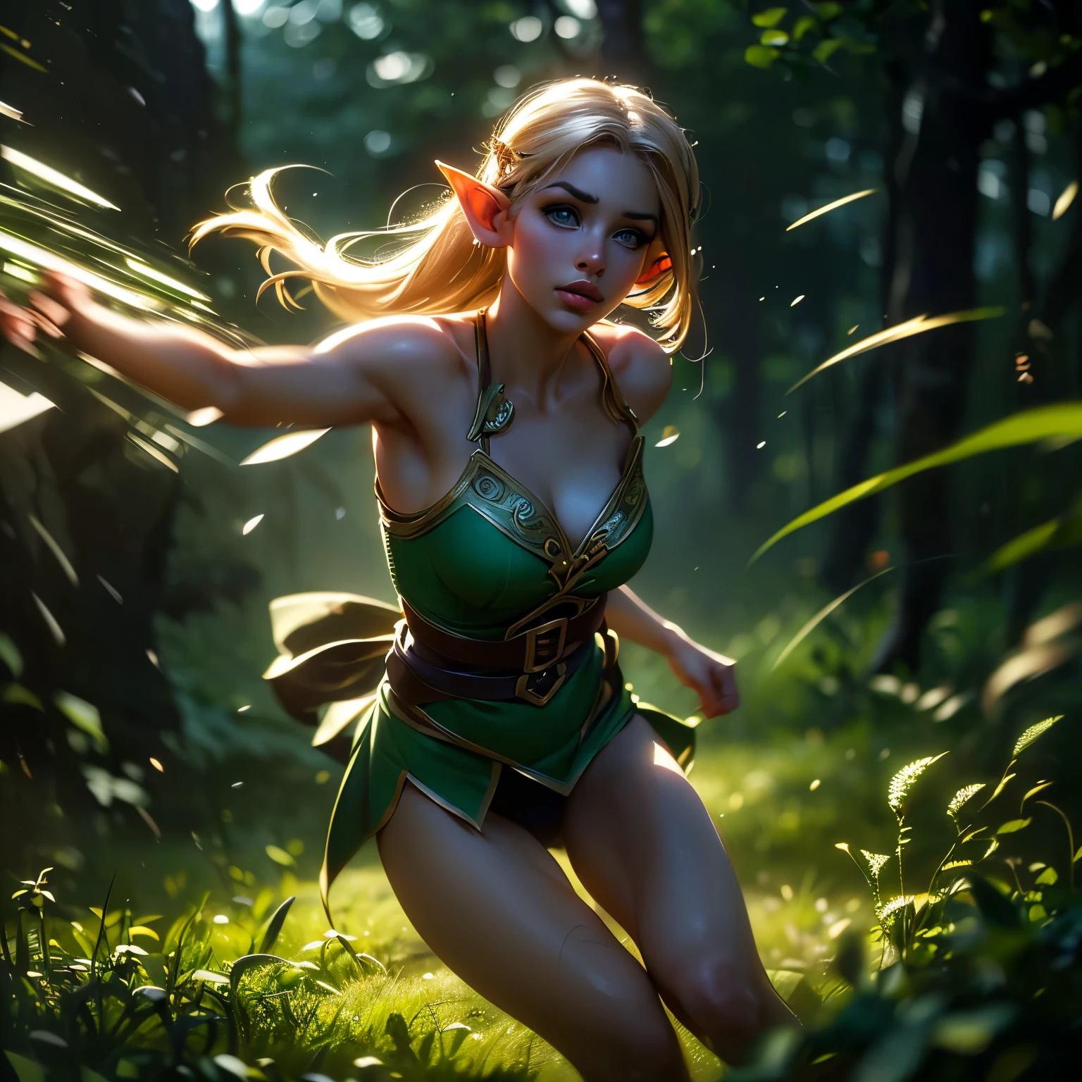 Many Elves、Shining Flying Elf、A beautiful and delicate elf in a revealing outfit、(Elf movements expressed with motion blur effect:1.5)、(highest quality、4k、8k、High resolution、masterpiece:1.uper detailed、(Real、Photorealistic、Photorealistic:1.37)、Detailed Elf、Ethereal lighting、green々Leaf、Magical atmosphere、Dramatic Shadows、Stunning night forest scene in vibrant colors
