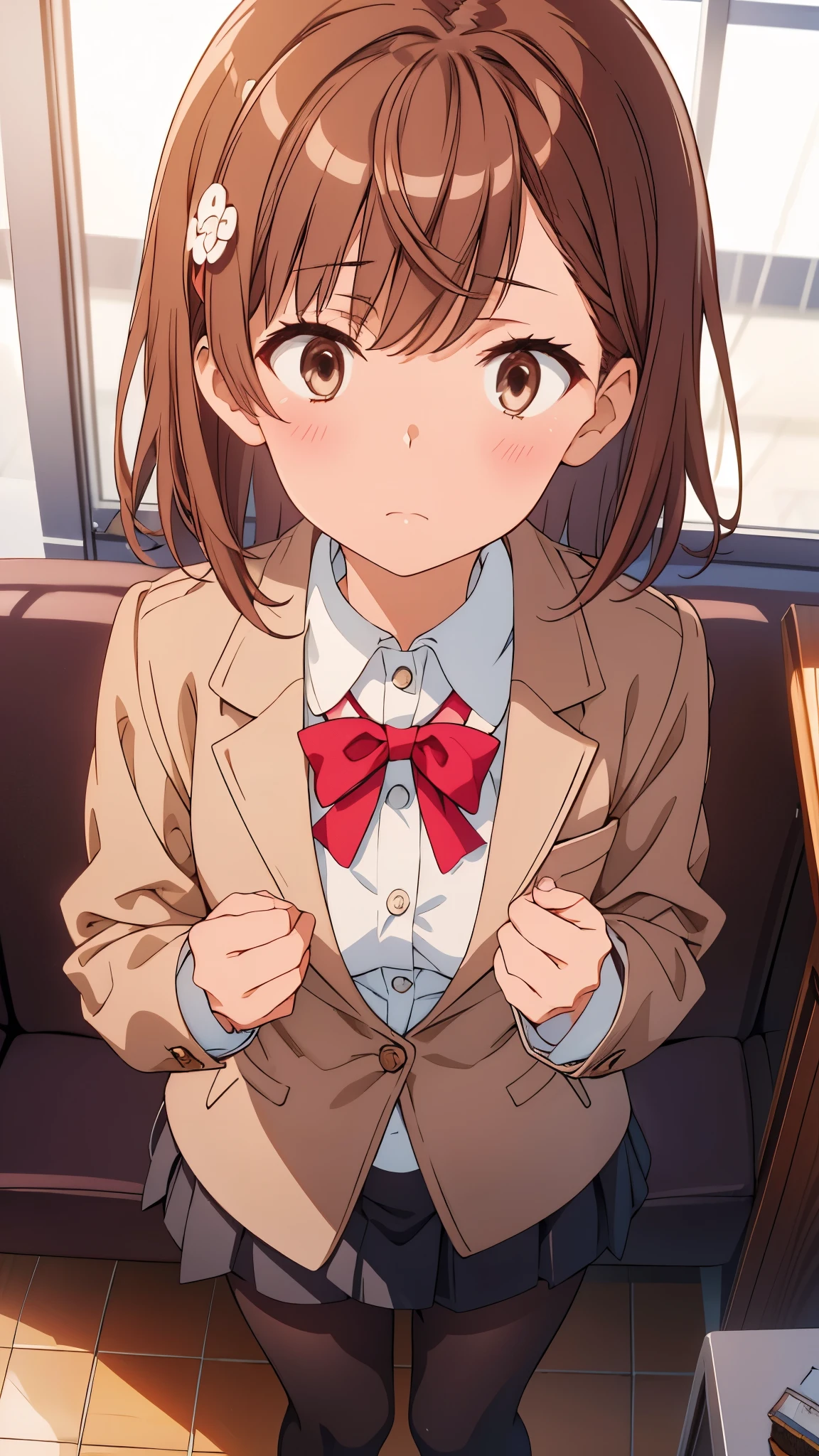 Japanese 、I、Thin legs、Head to toe、get up、M-shaped foot、small 、(Black Pantyhose): 1.2)、White panties visible through stockings、Very beautiful 17 year old girl、I靴を履いていません、Shy big eyes、(The area with short brown hair)、(Bans)、Messy Hair、(Barrette)、Pale blush、solo、Looking into the camera、White panties are visible、 High Blazer、High White Blouse、High blue ribbon、High check and navy pleated skirt、Mikoto rose.、Brown Hair、Brown eyes