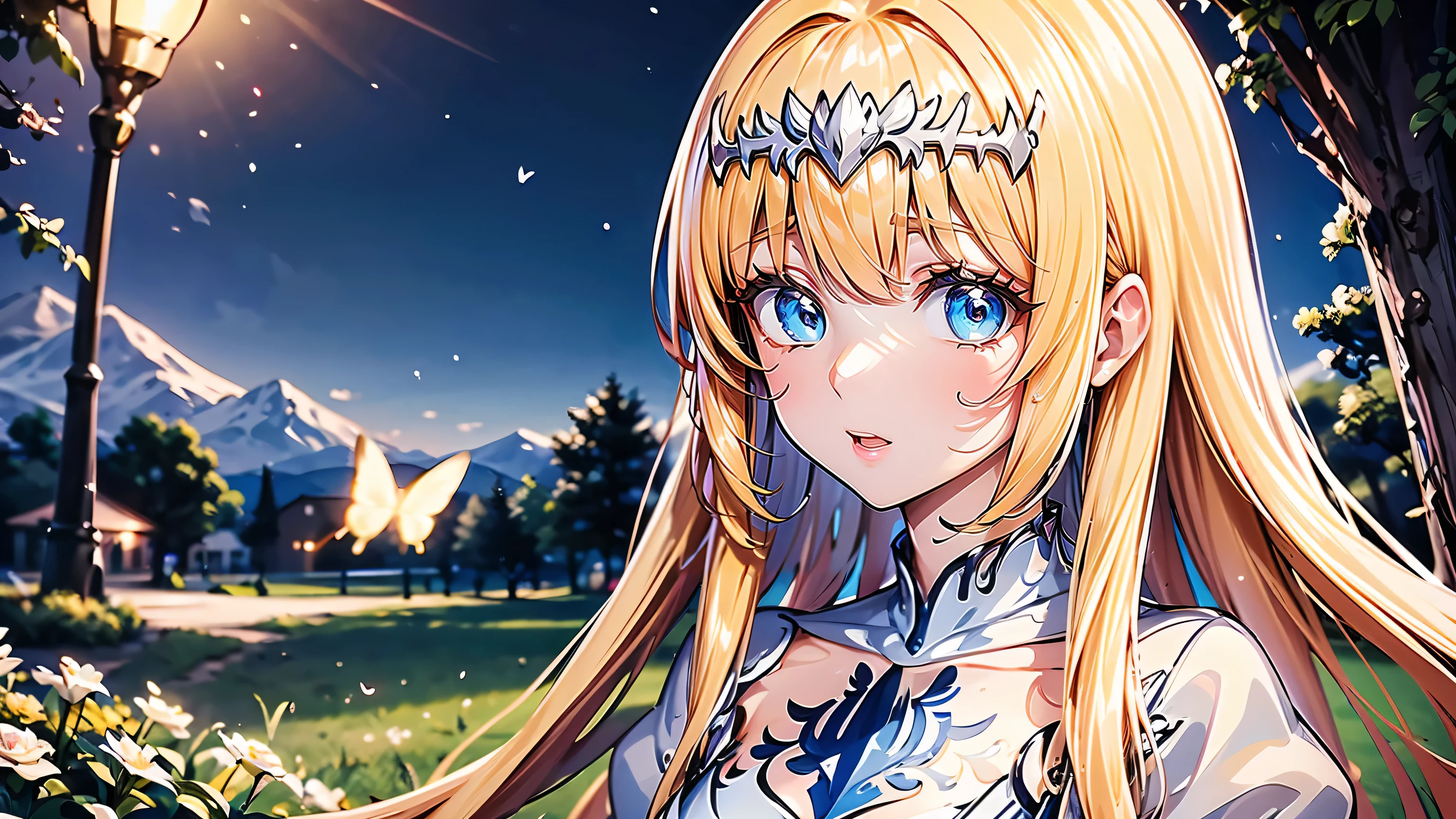(best quality,highres), Anime style, fireflies in the background, computer graphics, A high resolution, Best quality, Masterpiece, , (computer graphics игры),Butterflies fly against the background of nature ,Beautiful eyes, gaze , detailed picture, Masterpiece, 1girl, solo, Calca, Calca Bessarez, blonde hair, (extremely long hair:1.3), very long hair, white tiara, white dress, blue eyes, medium chest