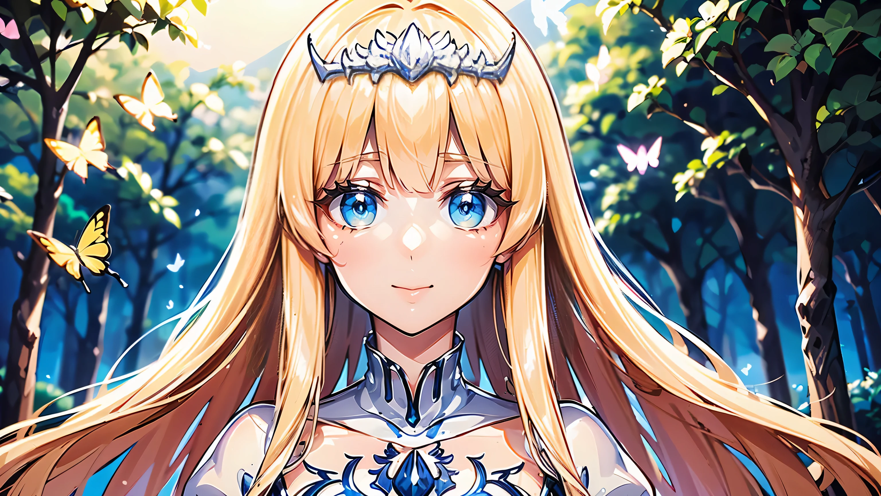 (best quality,highres), Anime style, fireflies in the background, computer graphics, A high resolution, Best quality, Masterpiece, , (computer graphics игры),Butterflies fly against the background of nature ,Beautiful eyes, gaze , detailed picture, Masterpiece, 1girl, solo, Calca, Calca Bessarez, blonde hair, (extremely long hair:1.3), very long hair, white tiara, white dress, blue eyes, medium chest