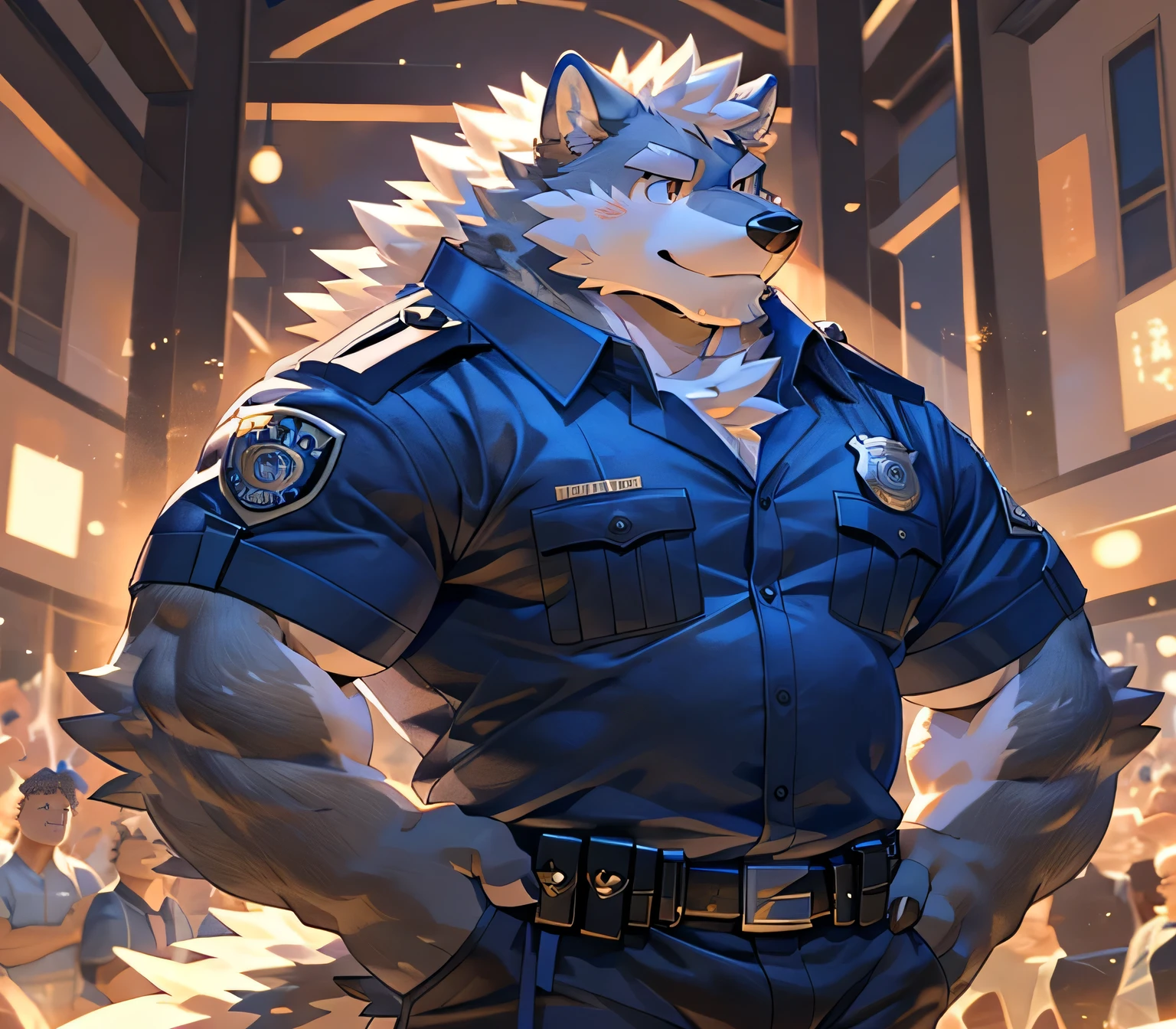 Solitary, ((Fluffy fur, Fluffy, hairy body)), detailed Fluffy fur, Delicate face, delicate eyes, Dynamic poses, (Super detailed), Clear focus, Niji, Eye contact, hairy, (Silver grey fur:1.5), anthropology (Wolf), male,, (muscular), ((police officer clothing)), ultra Delicate face, High Detail, high quality, (best quality,4k,8K,High resolution,masterpiece:1.2), (close up:1.3), author:Takemoto Arashi, From kulplant, author:null-ghost, By Raccoon 21, Dynamic Lighting, Smile, (whole body:1.4), looking at the audience, permanent, Close-up portraits, indoor, High resolution hands on hips, handbag, Detailed hands