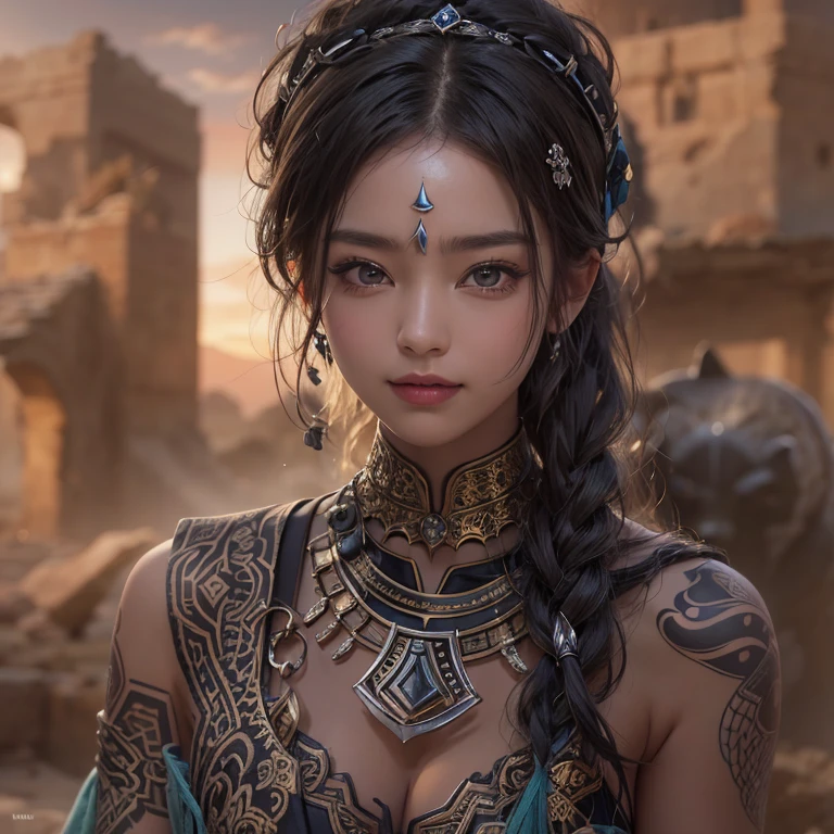 Hiding in the desert、Hair flow、 ((highest quality、masterpiece、8k、Best image quality、Ultra-high resolution、Award-winning works)、(Accurate ???????:1.1)、(Look at me and smile:1.1)、Shining fair skin with Ultra-high resolution、The most detailed face、Ultra-high resolution detailed face、Ultra-high resolutionの髪の毛、(Ultra-high resolutionの煌めく瞳:1.1)、Beautiful face drawn in every detail、(Blurred Background:1.1)、Ancient Islamic clothing, Chest to chest, tattoo, Old ruins in the background、Sitting black panther 