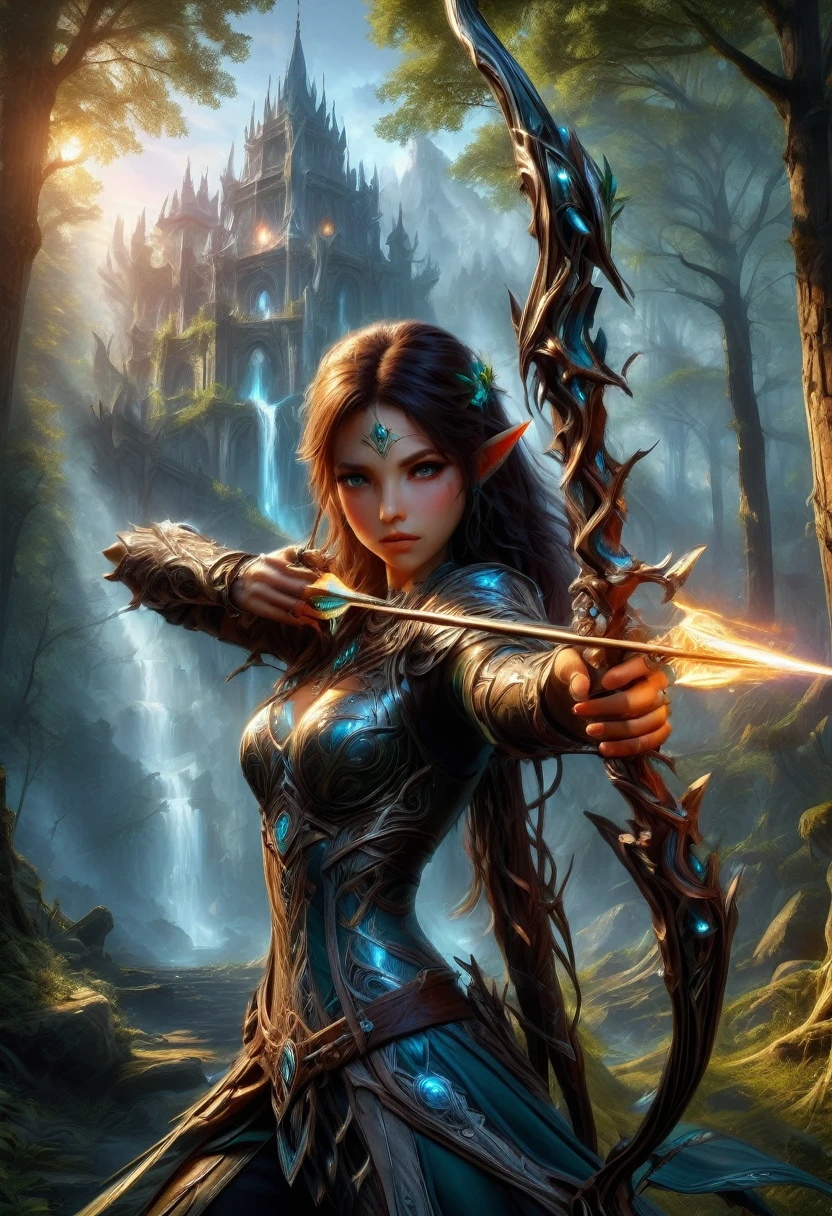Elf, (long pointed ears:1.5), firing and arrow, bow (weapon), Aiming a Bow, A beautiful elven huntress crouching in a tree canopy, wearing a hunter's cowl, holding a intricate detailed enchanted elven bow, arrow made of light notched in the bow, forced perspective; stunning, breathtaking; Badass composition, epic style art, Kan Liu; Daniel Liang; Anne Stokes; Cynthia Sheppard; Ravina Cai