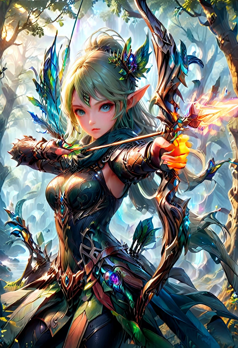 Elf, (long pointed ears:1.5), firing and arrow, bow (weapon), Aiming a Bow, A beautiful elven huntress crouching in a tree canopy, wearing a hunter's cowl, holding a intricate detailed enchanted elven bow, arrow made of light notched in the bow, ?????? perspective; stunning, breathtaking; Badass composition, epic style art, Kan Liu; Daniel Liang; Anne Stokes; Cynthia Sheppard; Ravina Cai