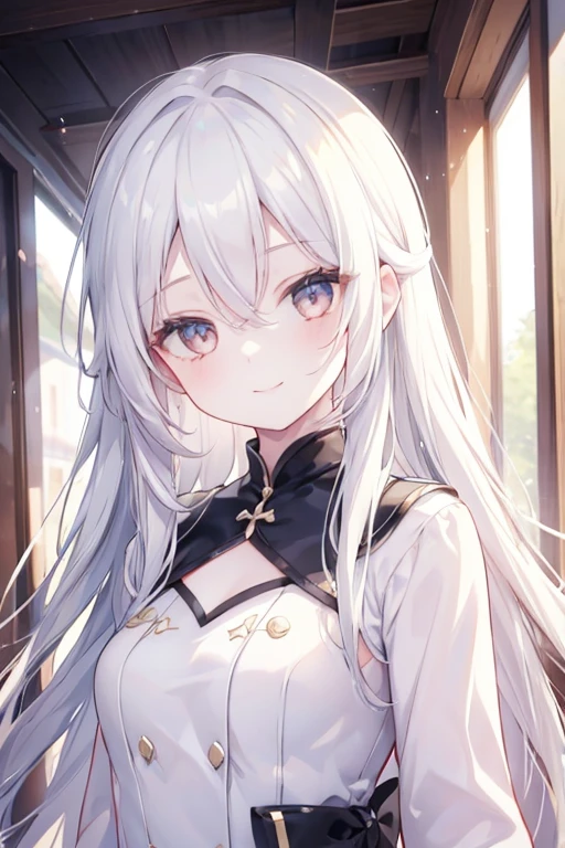 1 Girl、8K、Sharp focus、(Bokeh) (Highest quality) (Detailed skin:1.3) (Intricate details) (anime)、Big Breasts、Silver Hair、ponytail、blue eyes、Black coat、White shirt、Upper body close-up、small yellow ribbon around the neck、smile、smile、Park in the background、sunset、Soft lighting.