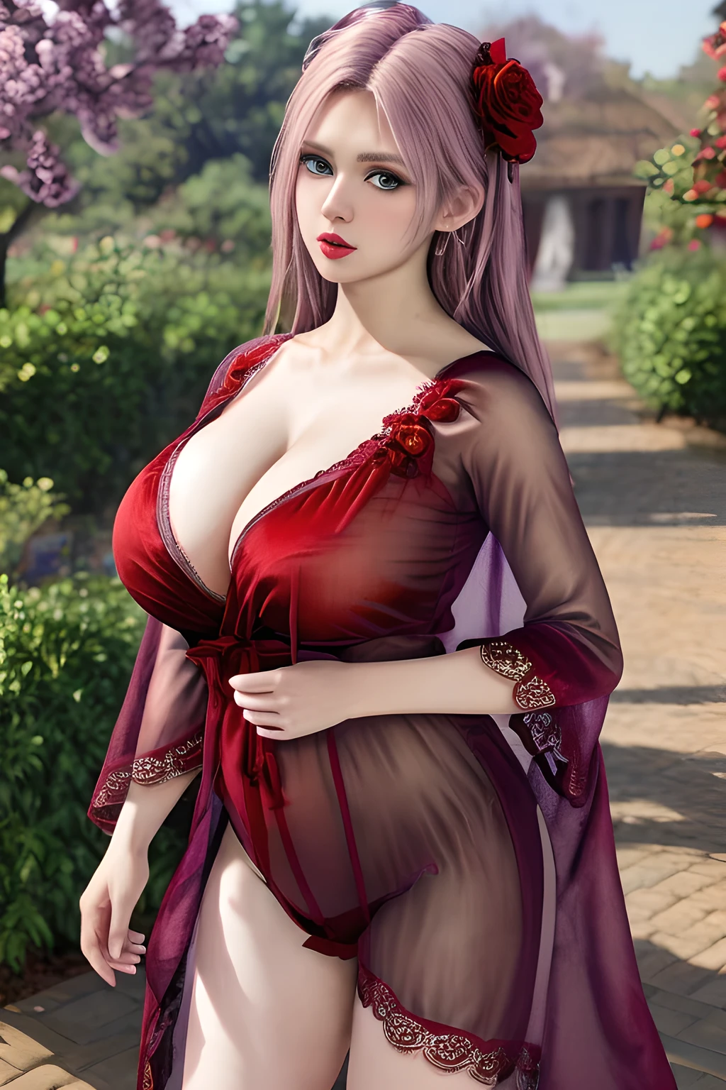 1girl,(RED theme: 1.2), (Sheer fabric pajamas: 1.2),(Velvet fabric robe: 1.2), (Ice flower Robe: 1.15), ,garden,moon,huge breasts,lactating,(lip gloss),(masterpiece), best quality, (real life portrait photography:1.5),unltra detailed,8K,Shot with a professional-grade camera like the Nikon D850,every intricate detail is captured, from the subtlest expression to the glimmer of anticipation in her eyes,Focus on thighs and above,solo, elise,
