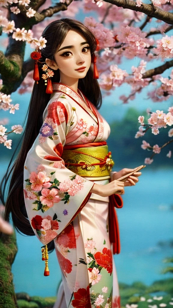 A beautiful woman in a traditional Japanese kimono, detailed face and eyes, long hair, elegant pose, ornate kimono with floral patterns, serene expression, natural outdoor setting with sakura trees in bloom, soft lighting, highly detailed, photorealistic, dramatic lighting, cinematic composition, muted color palette, masterpiece