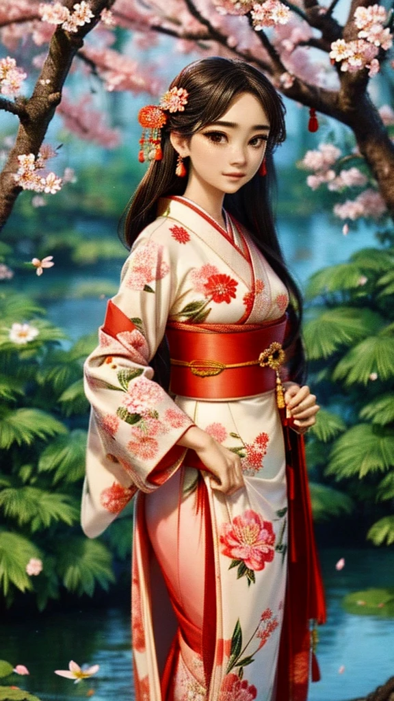 A beautiful woman in a traditional Japanese kimono, detailed face and eyes, long hair, elegant pose, ornate kimono with floral patterns, serene expression, natural outdoor setting with sakura trees in bloom, soft lighting, highly detailed, photorealistic, dramatic lighting, cinematic composition, muted color palette, masterpiece