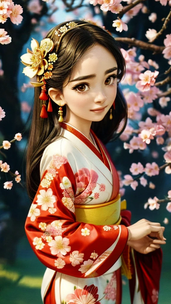 A beautiful woman in a traditional Japanese kimono, detailed face and eyes, long hair, elegant pose, ornate kimono with floral patterns, serene expression, natural outdoor setting with sakura trees in bloom, soft lighting, highly detailed, photorealistic, dramatic lighting, cinematic composition, muted color palette, masterpiece