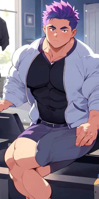 (masterpiece, best quality), 1boy, young man,Shyness blush,musculous, short blue-purple hair, Dark gray eyes, complex, (dress room), full bodyesbian, White baseball uniform, Open light purple jacket, Pectoralis abdominal muscles,vivd colour,(depth of fields:1.2),(abs),Be red in the face,looking at viewert,A piano,spread their legs,