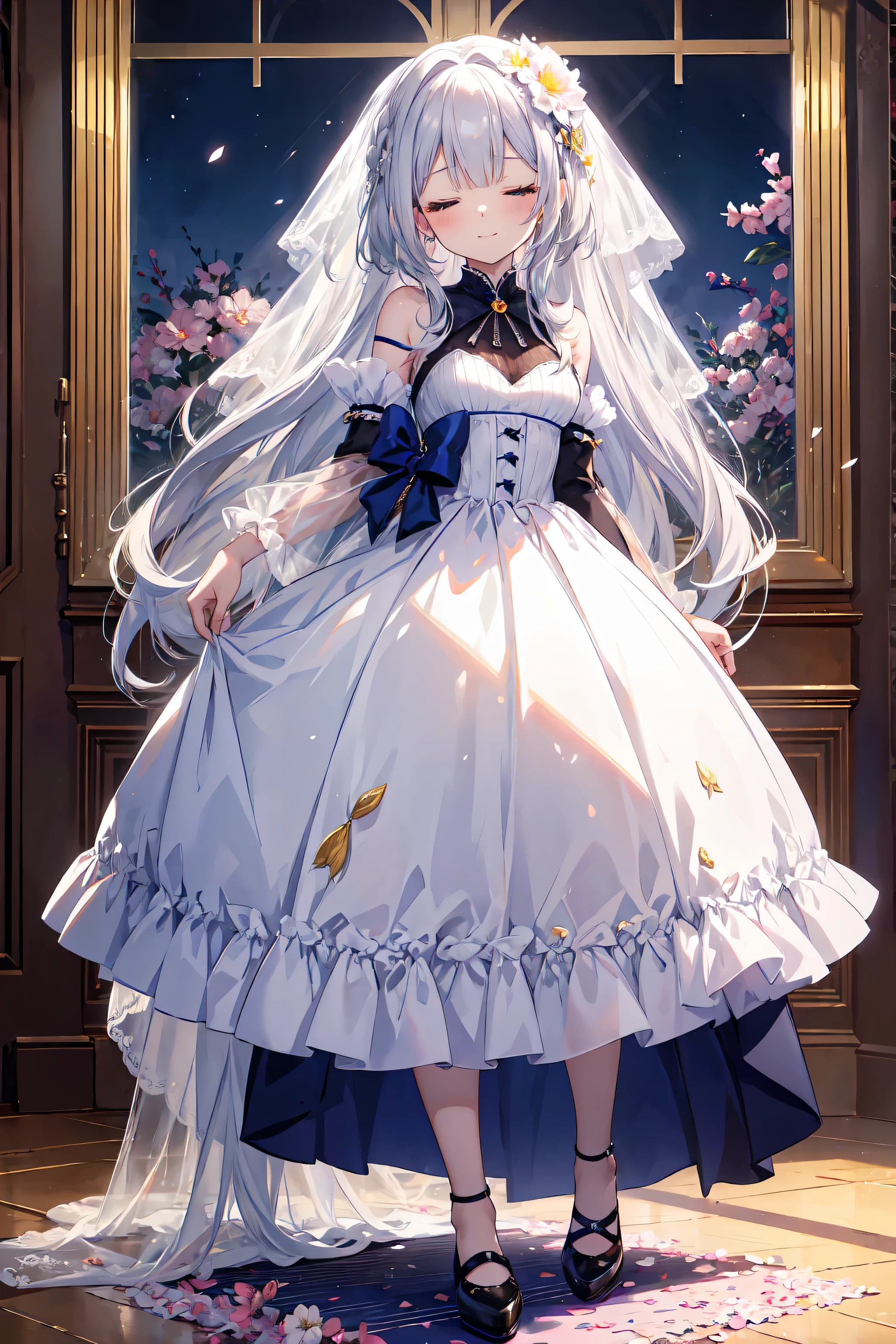 ((highest quality)), ((masterpiece)), (detailed), Perfect Face ,masterpiece, best quality, extremely detailed, anime, girl,  silver hair, 8K, 4K,longhair,colorful,Wedding dress,small breast,perfect face, moe, kawaii,cute,dress,eye focus, spectacular view,  full body, Angel's wing,smile,flower garden,  (closed eyes), night, moon 