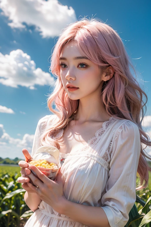 Light pink hair, Pink Eyes, Pink and white, Clouds in the blue sky, Vibrant colors, steampunk, blouse white、Paint Splash, Corn field,  Wavy long hair、