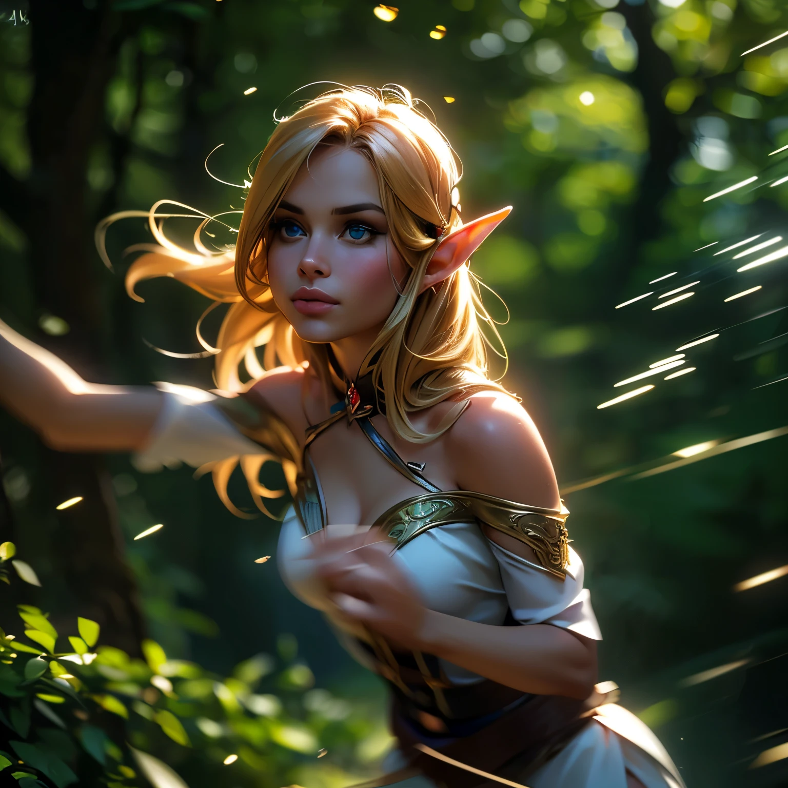 Many Elves、Shining Flying Elf、A beautiful and delicate elf in a revealing outfit、(Elf movements expressed with motion blur effect:1.5)、(highest quality、4k、8k、High resolution、masterpiece:1.2)、Super detailed、(Real、Photorealistic、Photorealistic:1.37)、Detailed Elf、Ethereal lighting、green々Leaf、Magical atmosphere、Dramatic Shadows、Stunning night forest scene in vibrant colors