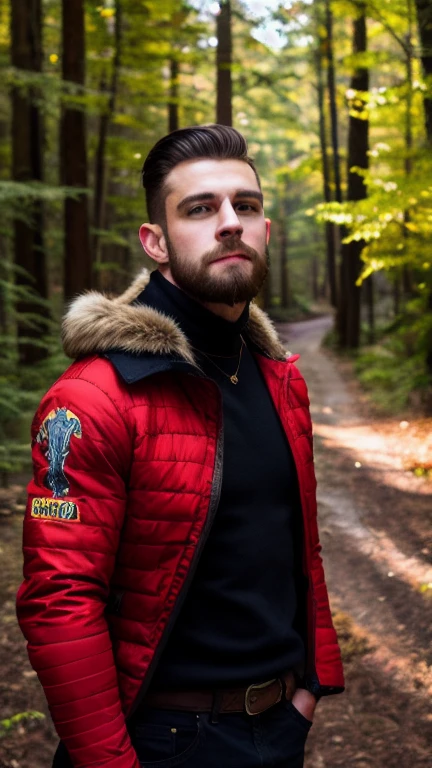 (masterpiece:1.0),(highest quality:1.0), photo shoot, 8k, Browsing Caution, High resolution, Kodak Portrait 400, Film Grain, Lens flare brilliance,ghost, Powerful,god々New highlights from above,muscle, Red Armor,in the forest,