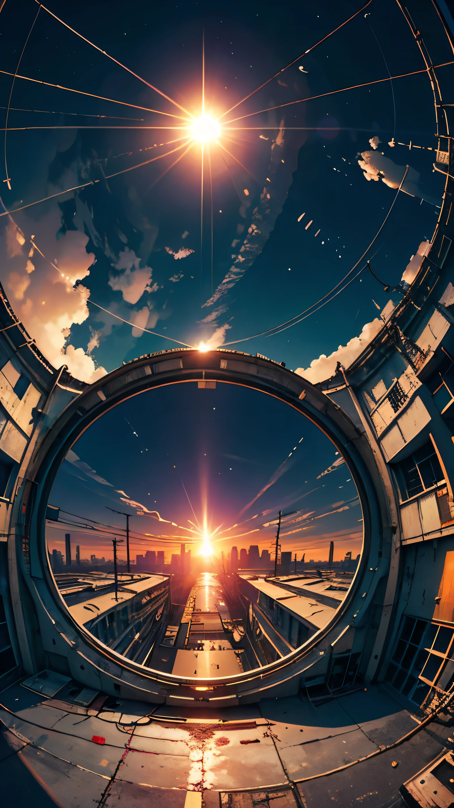 (Fish-eye lens),Icon, Logo, Very Wide White Background, Extreme Quality, Masterpiece, 8k, Depth of Field, Complex Detail, (No People), Very Large Margin, Lots of Text, Corporate Logo, Space, Motif, Emblem, Movie Poster-Like, Fisheye, (Abandoned Factory), (Lots of Wires), Spacecraft, Moon, Sun Flare, (sunset),