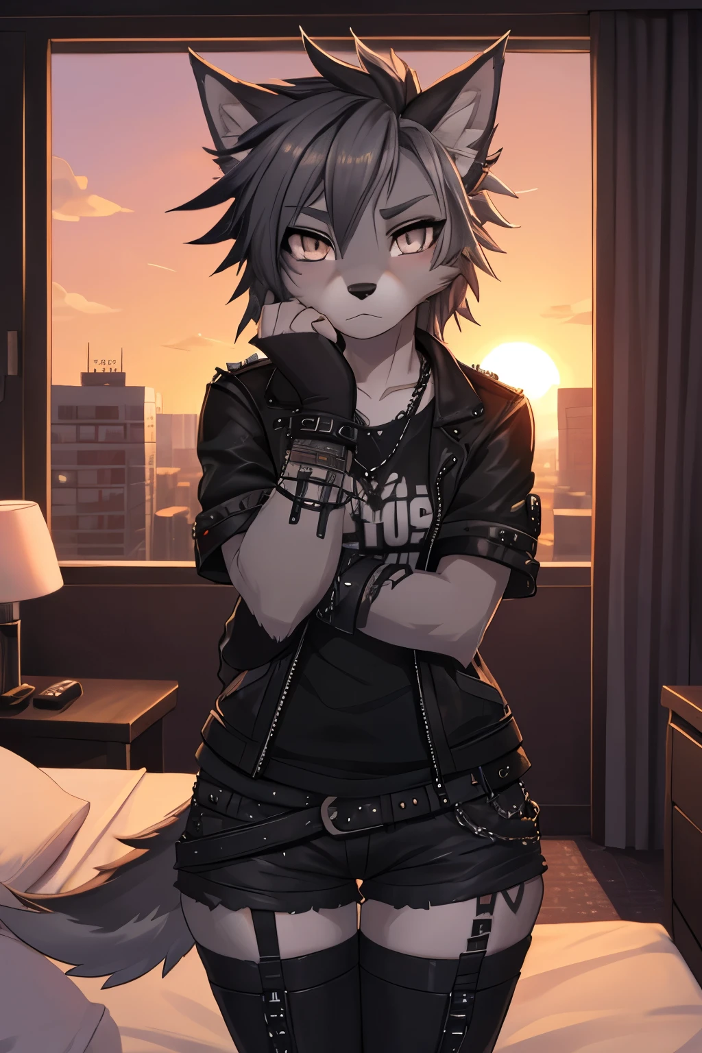 (1Wolfgirl, gray fur, gray eyes, Beautiful, cute, gray punk hair, wearing black punk clothes, shy pose)), (In a hotel room at sunset)