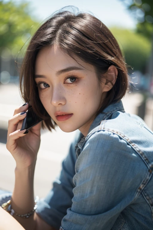 meme_samsung_sam_ownwaifu, www.ownwaifu.com, blue eyes, brown hair, shirt, short hair, mole, black shirt, blue nails, pants, freckles, lips, phone, cellphone, denim, official art,extremely detailed CG unity 8k wallpaper, perfect lighting,Colorful, Bright_Front_face_Lighting,shiny skin, (masterpiece:1.0),(best_quality:1.0), ultra high res,4K,ultra-detailed, photography, 8K, HDR, highres, (absurdres:1.2), Kodak portra 400, film grain, blurry background, (bokeh:1.2), lens flare, (vibrant_color:1.2),professional photograph, (beautiful_face:1.5),