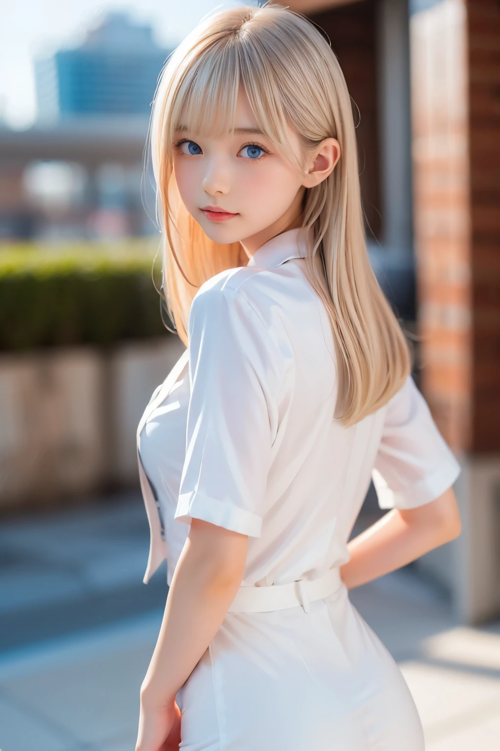 ((sfw: 1.4)), (( detailed face, cute face, detailed face, professional photography)), (Tie, Business Suit),  (from back) , ( full body  : 1.3), (( Shiny platinum blonde silk hair, beautiful shiny bangs, big clear sky blue eyes, very beautiful bright eye highlights, 1 Girl)), Ultra High Resolution, (Realistic: 1.4), RAW Photo, Best Quality, (Photorealistic Stick), Focus, Soft Light, (()), (( (young face))), (surface), (depth of field), masterpiece, (realistic), woman, bangs, ((1 girl))