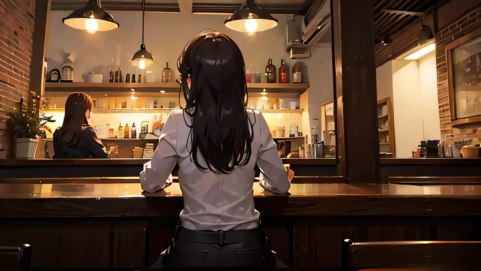 Back view of a girl taking a break in a cafe