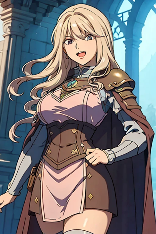 masterpiece, highest quality, Adult women,Very detailed,Rin々Nice face,Open Mouth Smile,White, pink, and purple adventurer uniform,Medieval Europe,Show your armpits,Black eyes,The dignity of a hero,,Small hair ornament,tattoo,Cape,Legs visible through the skirt,Natural Beauty,Cinematic,Large Breasts,Wearing armor,Decorative armor,