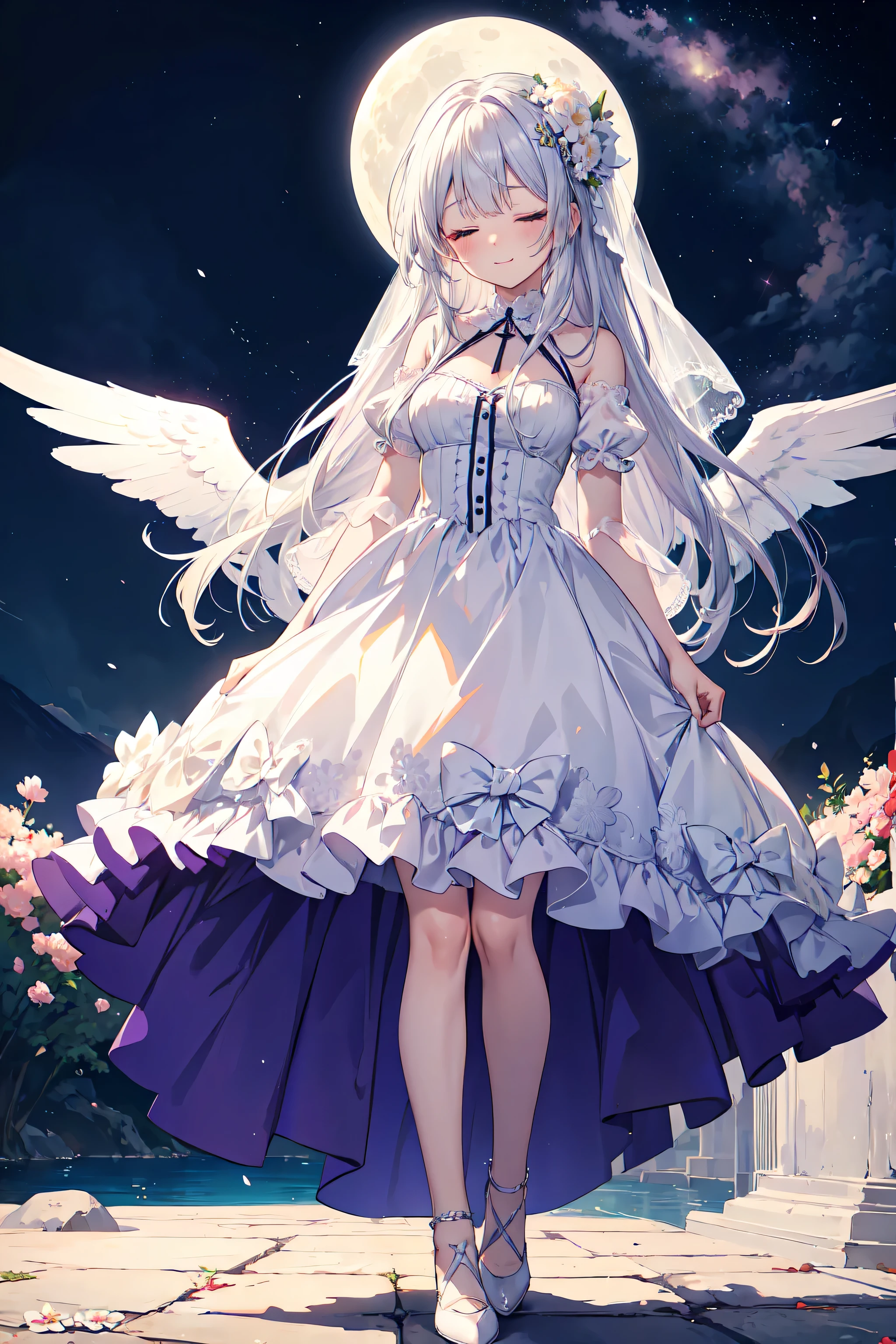 ((highest quality)), ((masterpiece)), (detailed), Perfect Face ,masterpiece, best quality, extremely detailed, anime, girl,  silver hair, 8K, 4K,longhair,colorful,Wedding dress,small breast,perfect face, moe, kawaii,cute,dress,eye focus, spectacular view,  full body, Angel's wing,smile,flower garden,  (closed eyes), night, moon 