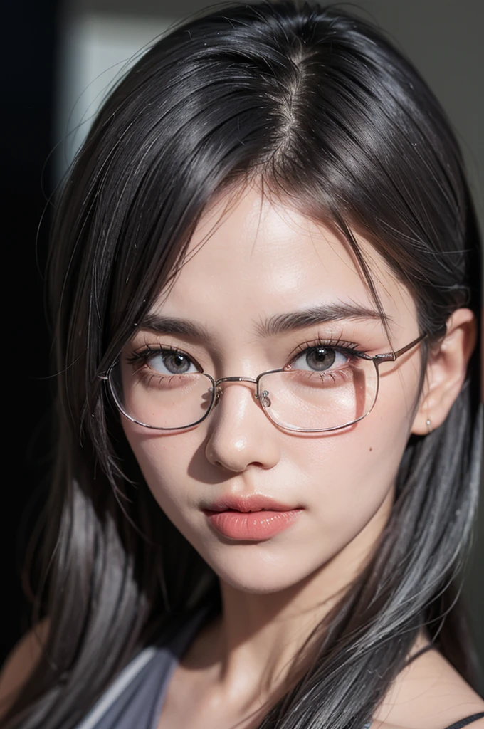 (8k, RAW, Photorealistic: 1.25), (Gray Hair, Lip Gloss, Eyelashes, Tear Bags, Crisp Bangs, Shiny Face, Glossy Skin, Best Quality, Ultra High Resolution, Depth of Field, Chromatic Aberration, Caustics, Wide Lighting, Natural Shading, Kpop Idol) glasses, calm, long hair, smile, devil