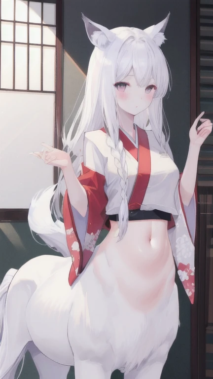 (best quality, masterpiece), 1 girl, centaur, It takes, White skin, kimono, check the belly button, belly button t-shirt, 아름다운 소녀 perfect wolf photo, perfect wolf photo