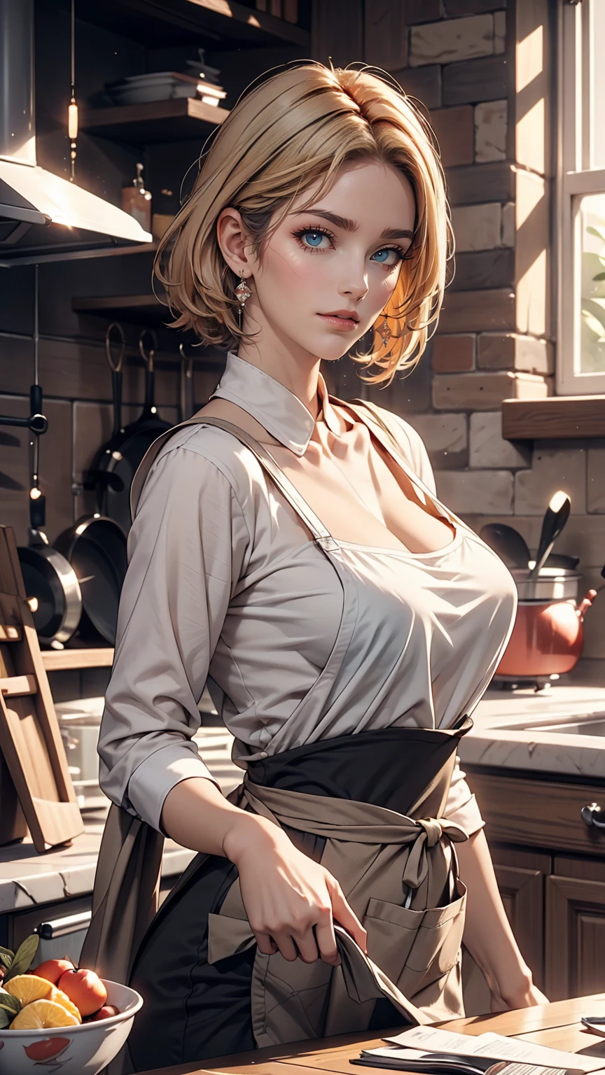 Close-up portrait of a , Classic Bob, apron, Great body, Distinctively feminine traits, Big Breasts, kitchen, [Ash Blonde | Ginger | Pink Hair], freckles, Flirting on camera