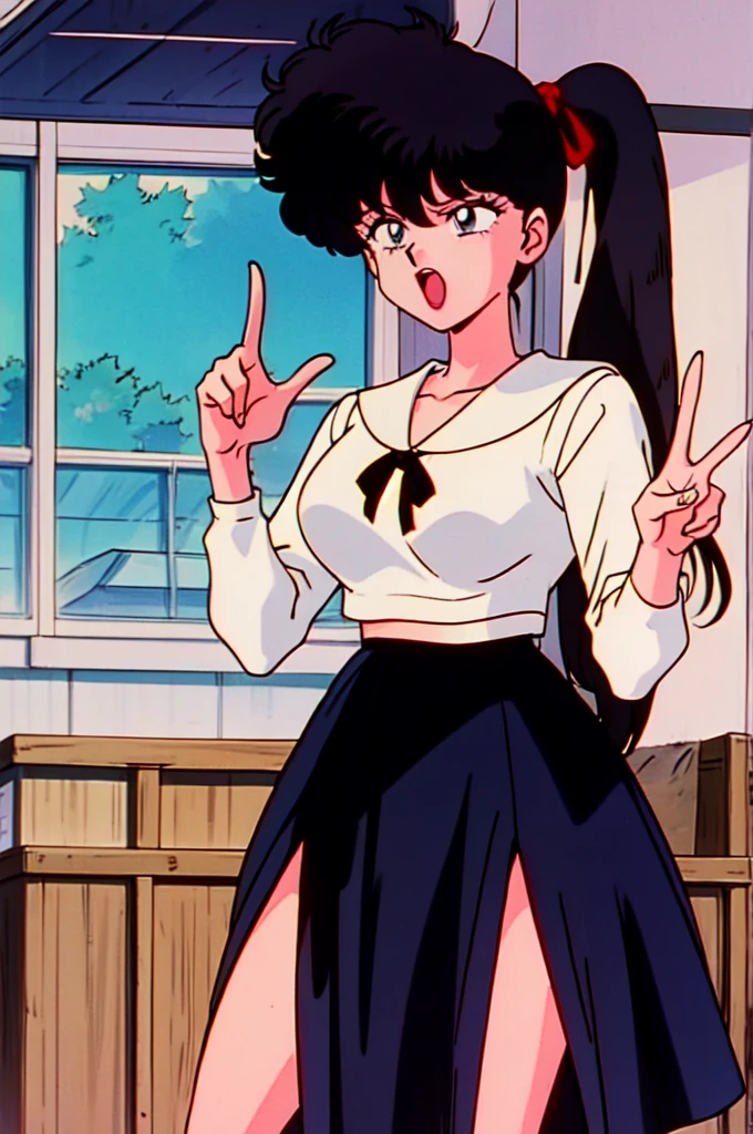 1girl, solo, border, park, day, index finger raised, iridescence hair, long wavy gray hair, side ponytail, purple eyes, thick, leather jacket, plaid_skirt, lactation through clothes, open mouth .EPTakeuchiNaokoStyle, 1990s \(style\), anime screencap, retro artstyle, anime coloring, traditional media,kodachi kuno