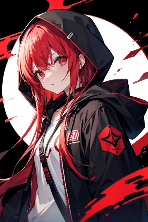 girl、Red eyes、Red Hair、Wearing a hood、Black background