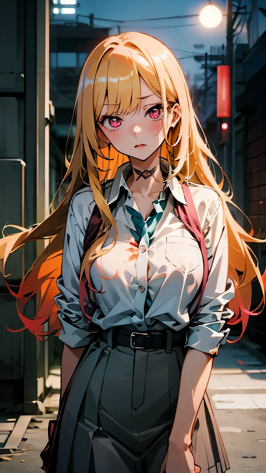 kitagawa marin, 1girl in, blonde hair, length hair, pink eyes, a girl, cool, wearing school uniform, ((big breasts)), tattoos, in an abandoned factory, covered in blood, look at me, (night), dark, mafia.
