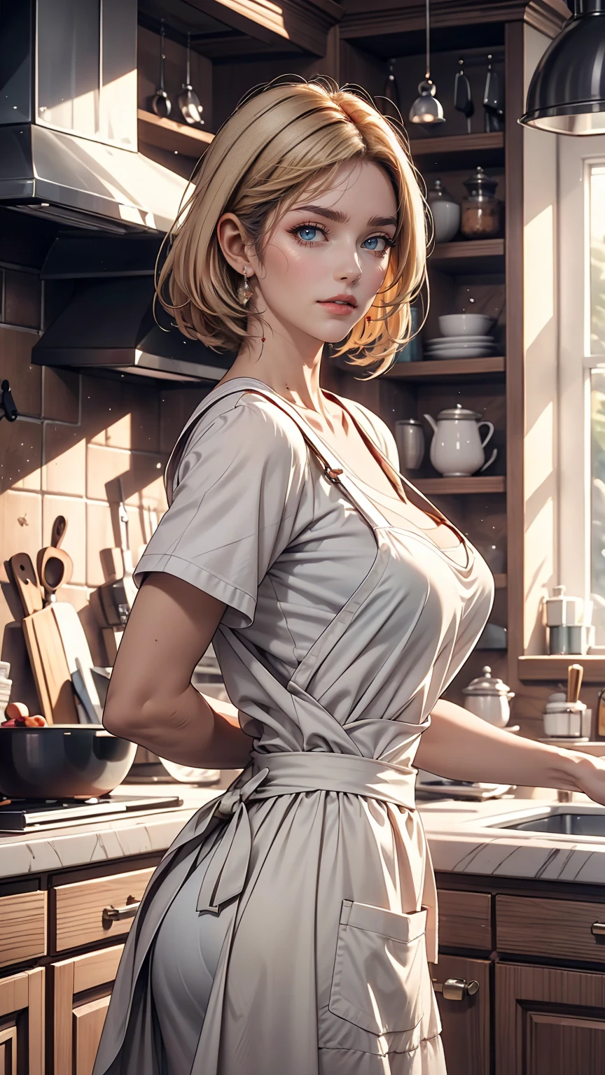 Close-up portrait of a woman, Classic Bob, apron, Great body, Distinctively feminine traits, Big Breasts, kitchen, [Ash Blonde | Ginger | Pink Hair], freckles, Flirting on camera