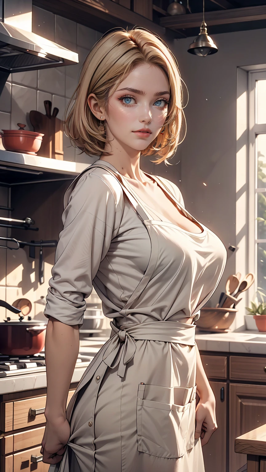 Close-up portrait of a woman, Classic Bob, apron, Great body, Distinctively feminine traits, Big Breasts, kitchen, [Ash Blonde | Ginger | Pink Hair], freckles, Flirting on camera