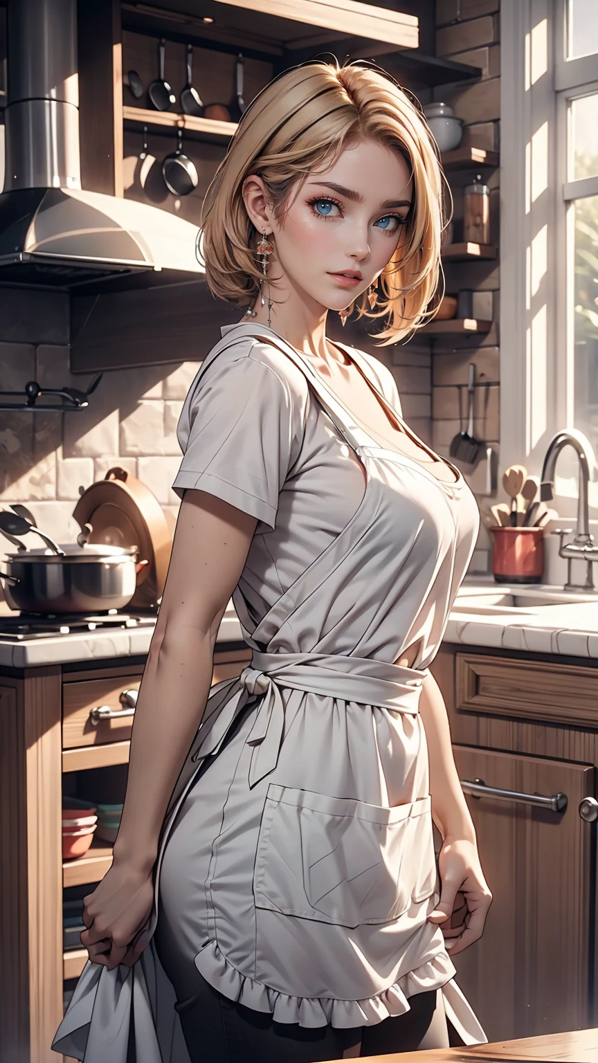 Close-up portrait of a woman, Classic Bob, apron, Great body, Distinctively feminine traits, Big Breasts, kitchen, [Ash Blonde | Ginger | Pink Hair], freckles, Flirting on camera