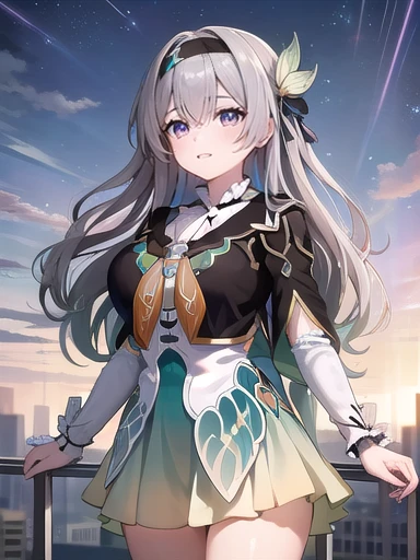 (masterpiece:1.3),((High resolution)),((high quality)),((Very detailed))、1 girl、Perfect balance、Perfect Face、Detailed face、Cute Face、beautiful詳細な目、Expressive eyes、Cute eyes、Shining Eyes、Perfect body、beautiful体、fire Fly\(Collapse：Star Rail\)、Multicolored Eyes、white[Grey or Sliver]hair、Black hair band、Purple eyes、dress、Long sleeve、Black jacket、Blue thighs、Black thighs、(Big Breasts)、(head shot)、Embarrassing、blush、grassland、beautiful女の子、Cute Face、beautiful顔、Cute Face、beautiful、最high quality、Excellent anatomy、smile、Mouth closed、blush、Are standing、From below、(snfw:1.3)