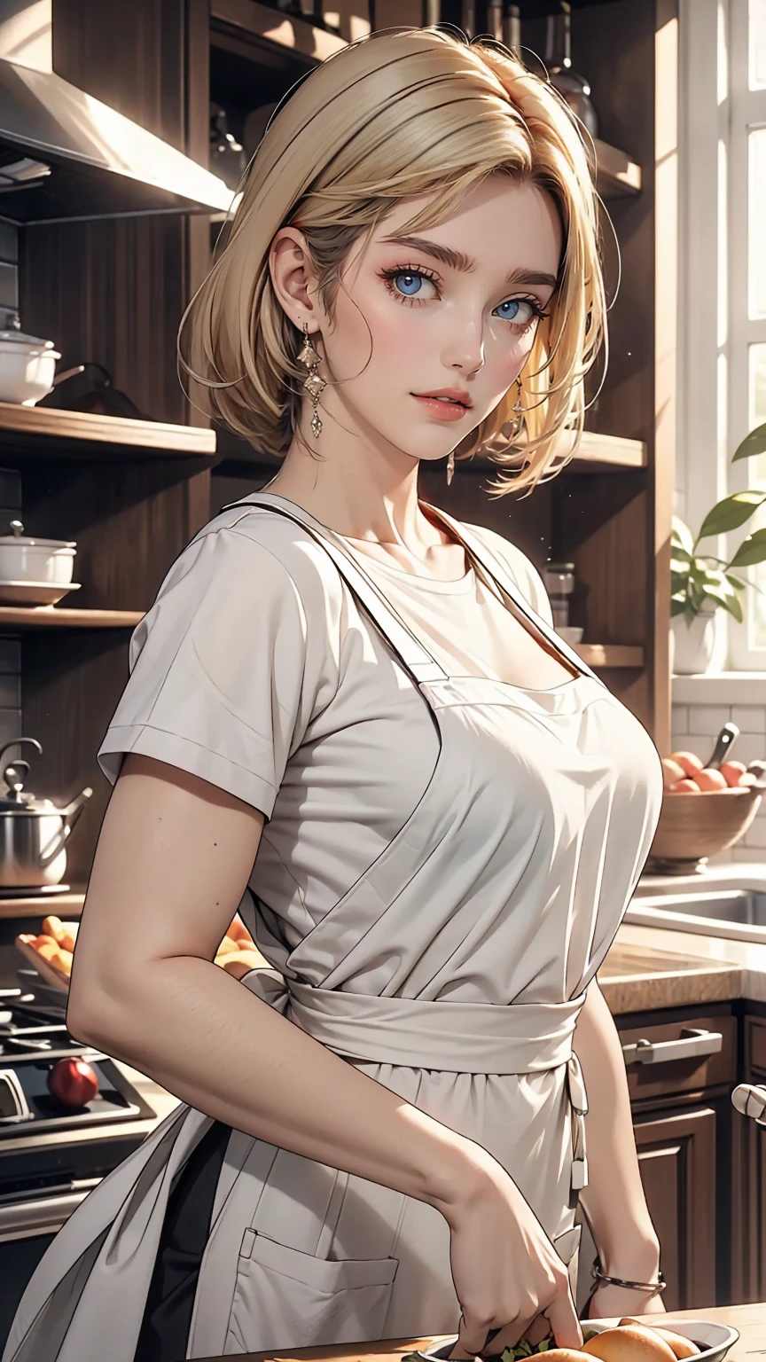 Close-up portrait of a woman, Classic Bob, apron, Great body, Distinctively feminine traits, Big Breasts, kitchen, [Ash Blonde | Ginger | Pink Hair], freckles, Flirting on camera