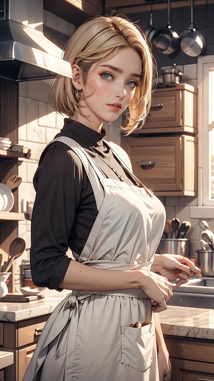 Close-up portrait of a woman, Classic Bob, apron, Great body, Distinctively feminine traits, Big Breasts, kitchen, [Ash Blonde | Ginger | Pink Hair], freckles, Flirting on camera