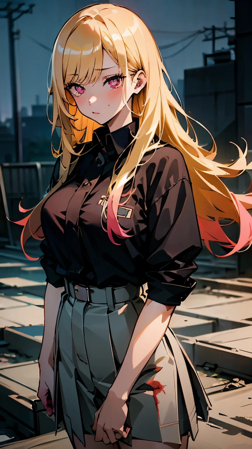 kitagawa marin, 1girl in, blonde hair, length hair, pink eyes, a girl, cool, wearing school uniform, ((big breasts)), tattoos, in an abandoned factory, covered in blood, look at me, (night), dark, mafia.
