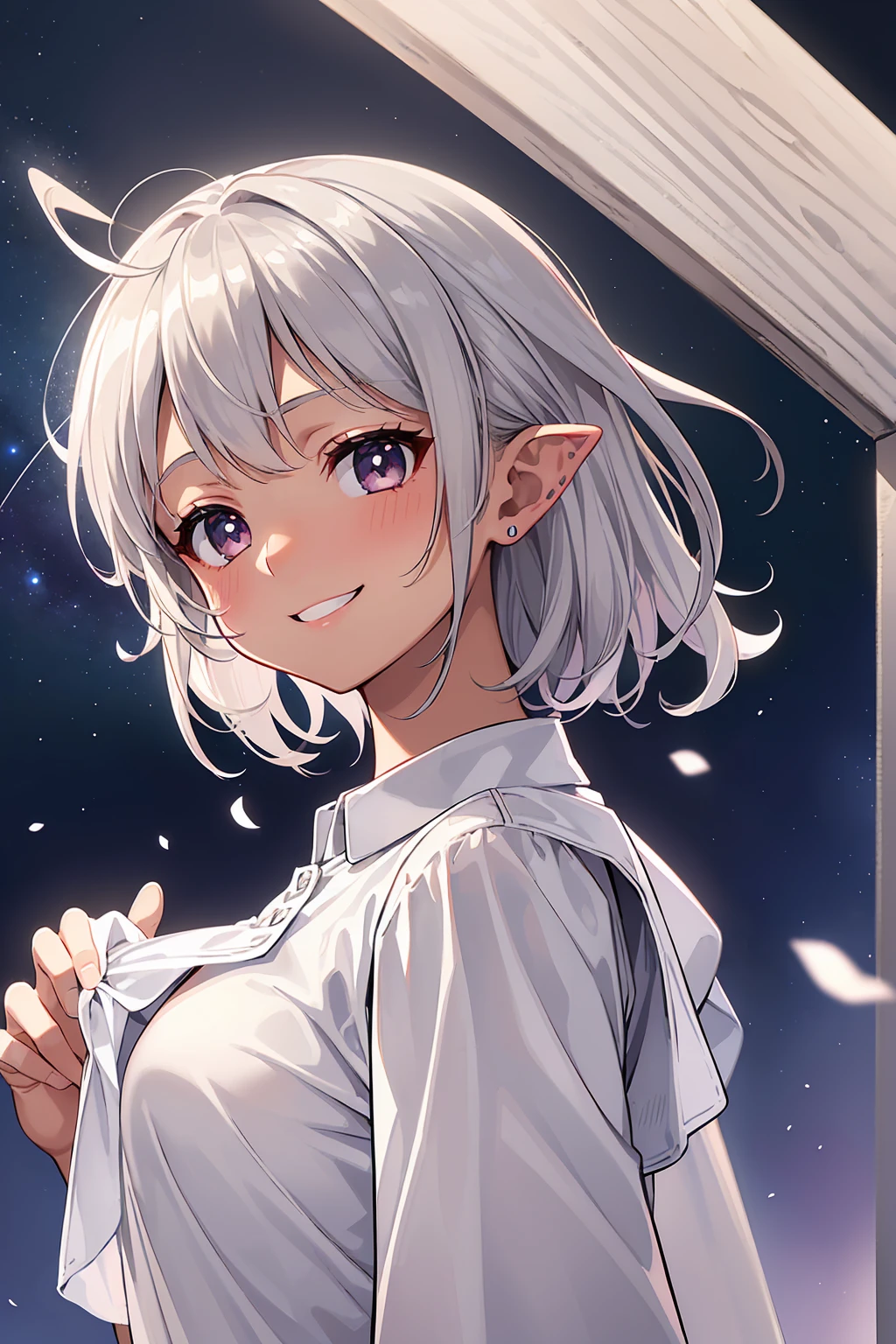 16k、masterpiece、High resolution、((10th generation women))、((Brown Skin))、((Pointed Ears))、((Beautiful short silver hair))、((No accessories))、Smiling Kindly、blush、White polo shirt、Starry Sky、Look at me、((Close up of upper body))