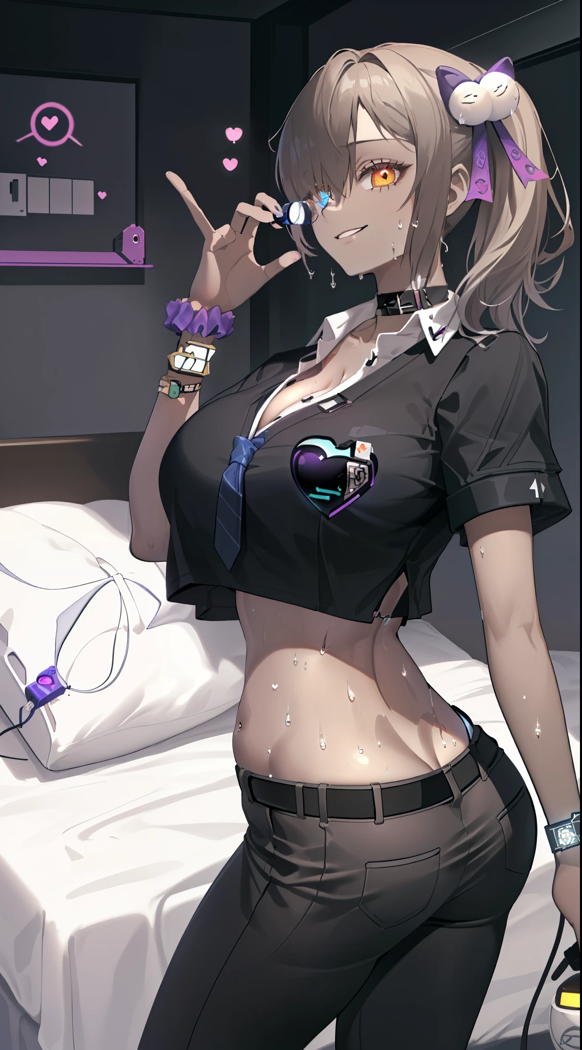 (Safety Sensor、approved、Can be viewed:1.8),masterpiece、highest quality、highest quality、Accurate the human body、Lighting to suit the mood、Accurate、Elaborate、masterpiece、Every detail of the face、Long-tailed, Dark Skin, Woman with dark skin, Side Ponytail, hair ornaments, Hair Clip, White shirt, Bra visible through clothes, Chest pocket, Black choker, Blue tie, Purple scrunchie, bracelet,Latex Blue Pleated Skirt, Thigh straps, Simple Background, whole body, Detailed Background, Leaning forward, Big cleavage、( Big Breasts、An eye is a heart:1.3、Heart Contact Lenses Heart Eye:1.5, Glowing oil skin:1.5, Sweat,vapor:1.5)、(薄Dim lighting:1.5, night:1.5, Love hotels in Japan :1.5、Lie down in bed)、((Many words:1.8, Many heartfelt voices:1.8))、Mature adult woman、Emotional :1.3、(2 girl:1.5、female brat face:1.5, Sexy smile:1.3, Beautiful breasts:1.3,Big Breasts:1.3, Round shapely butt, In close contact:1.3, Embrace、gyaru:1.3, jirai girl:1.3、steam,sweat, Vulgarity、White skin and white hair:1.3, Dark Skinと黒い髪:1.5,Dark Room:1.5, Dim lighting:1.5, night:1.8, Love hotels in Japan、bedroom:1.5)