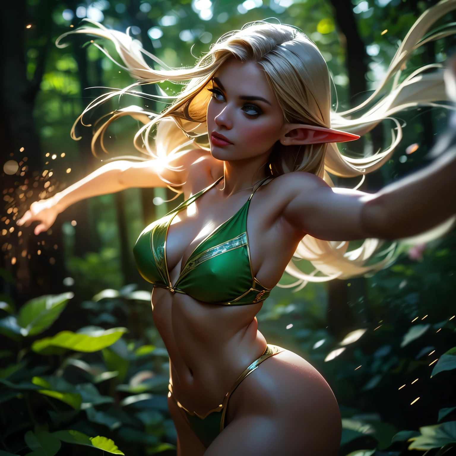 Many Elves、A shining elf flying in the air、A beautiful and delicate elf in a revealing outfit、(Elf movements expressed with motion blur effect:1.5)、(highest quality、4k、8k、High resolution、masterpiece:1.2)、Super detailed、(Real、Photorealistic、Photorealistic:1.37)、Detailed Elf、Anatomically correct fingers、Ethereal lighting、green々Leaf、Magical atmosphere、Dramatic Shadows、Stunning night forest scene in vibrant colors