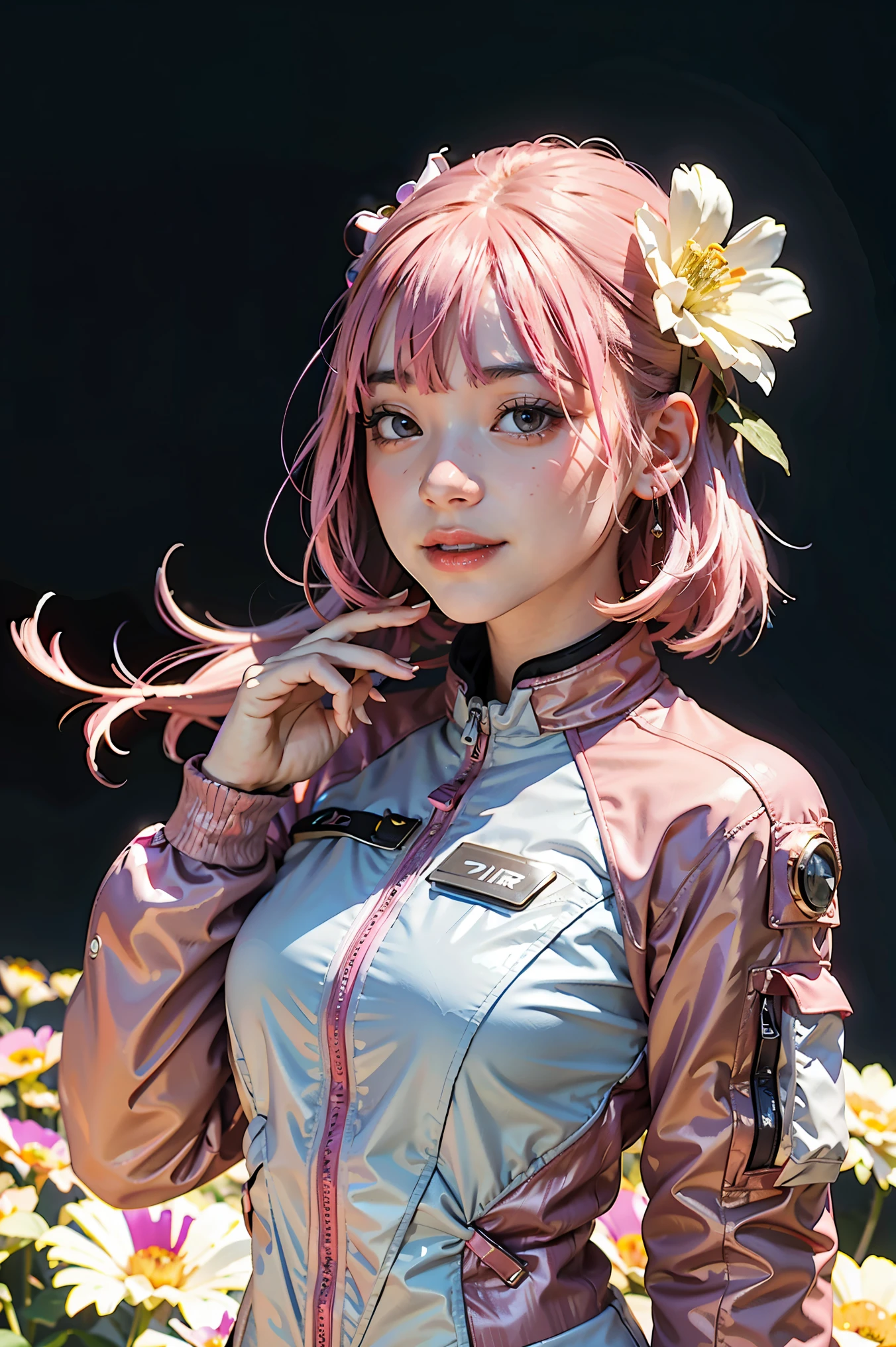 (best quality, masterpiece), 1girl, pose, particle, wind, flower, upper body, simple background, looking at viewer, pink hair, galaxy, space suit,
